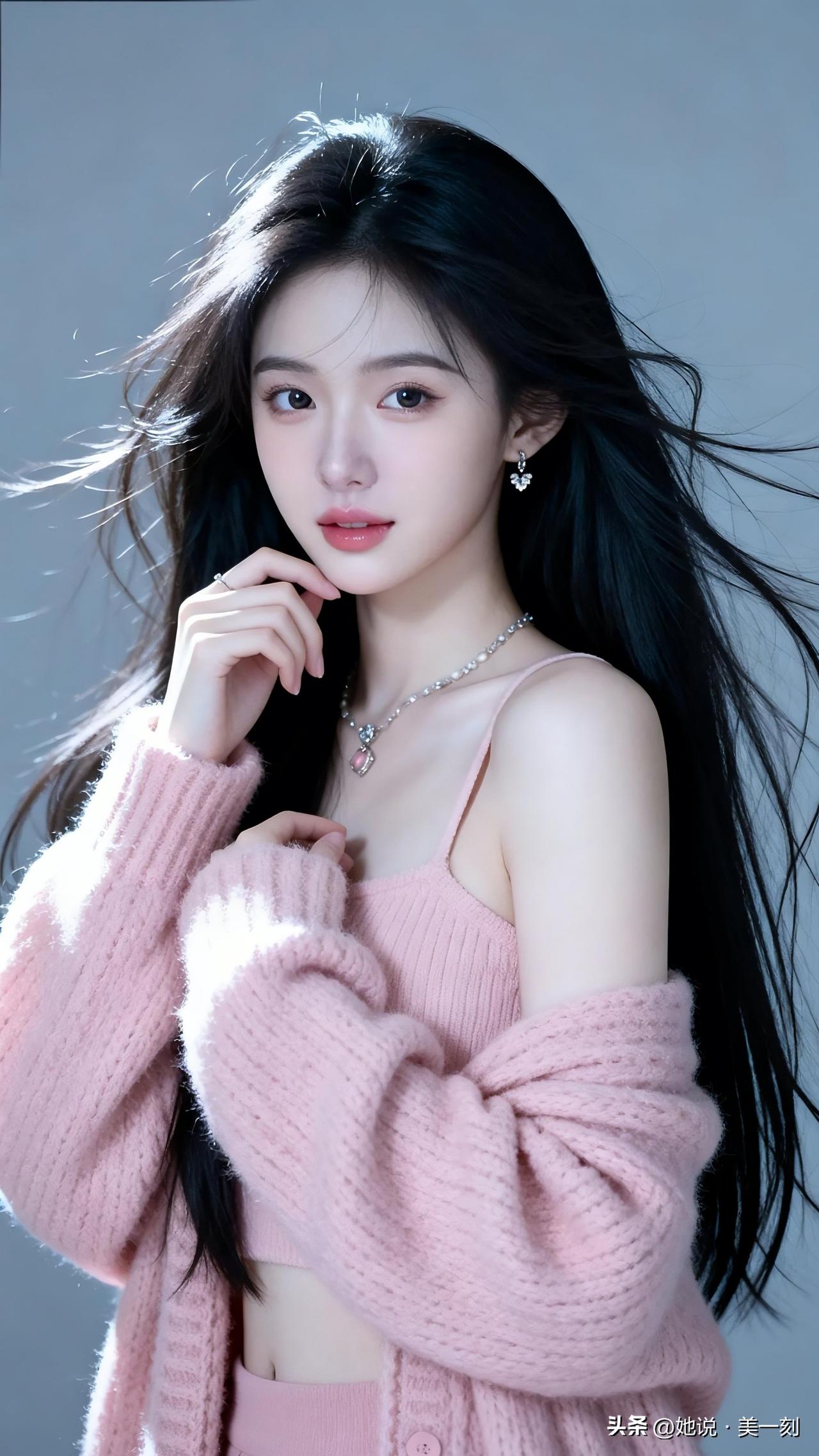 温柔甜美的少女，粉色毛衣搭配，清新自然！💕