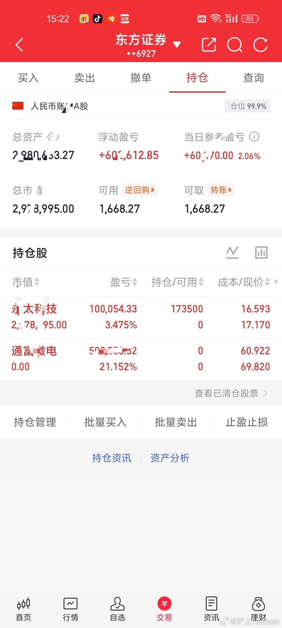 A股行情今日卖出：通富微电（零零2156）今日买入：永太科技（零零2326）股市