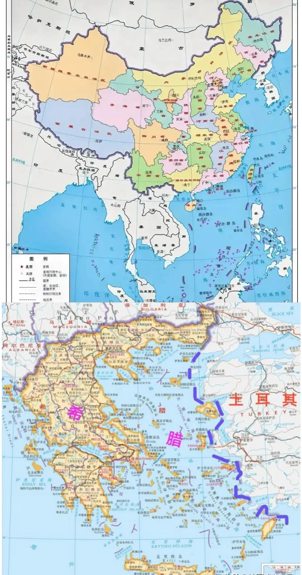 把中国新版地图十段线与希腊十一段线比较了一下，发现希腊真的是太牛了。