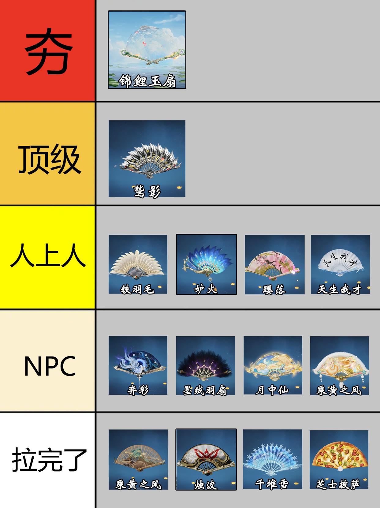 永劫扇子全皮肤从夯到拉排行。