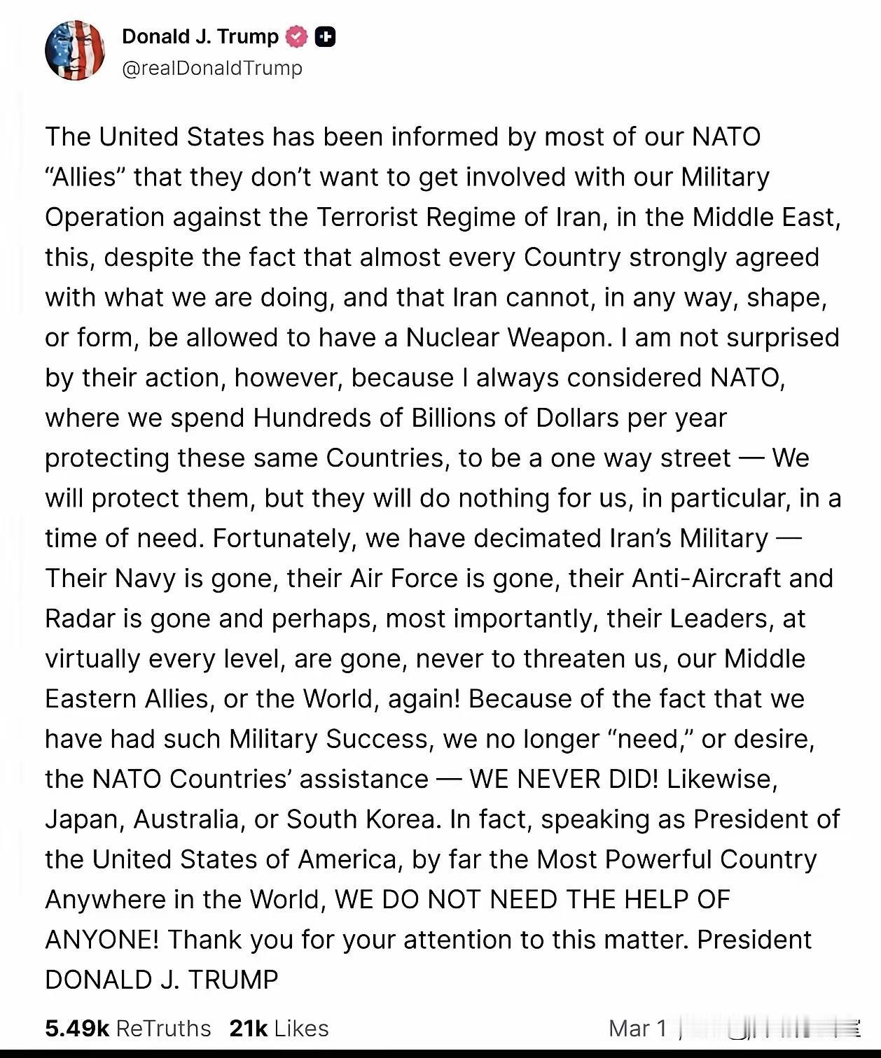 特朗普：我们不需要北约盟友或任何人的帮助。

3月18日，特朗普发文表示，美国在
