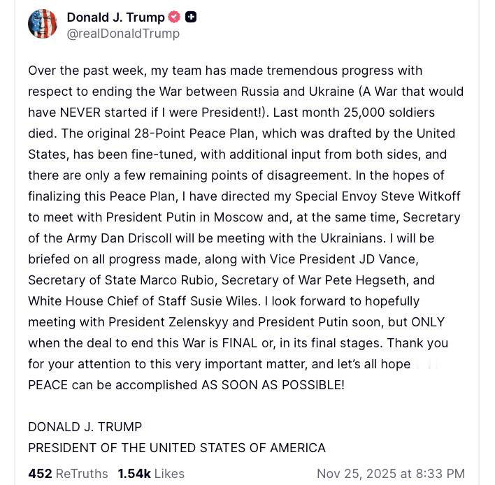 🚨突发新闻：特朗普称和平计划已重写——只剩下“几个问题”唐纳德·特朗普宣布，最