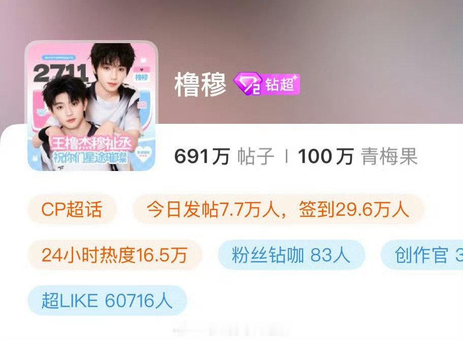 橹穆CP超话粉丝数突破100w，内娱CP第一了吧