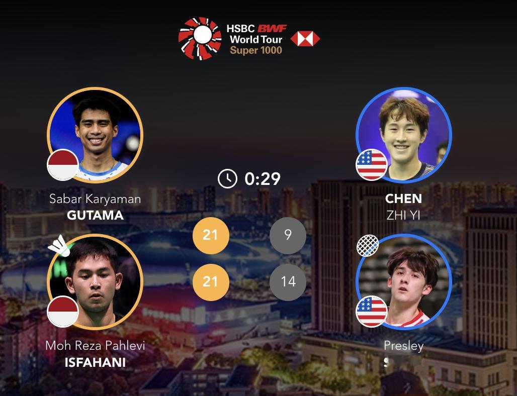 咖塔曼/伊斯法哈尼🇮🇩 21-9、21-14 🇺🇸普雷斯利/陈子亦下轮：