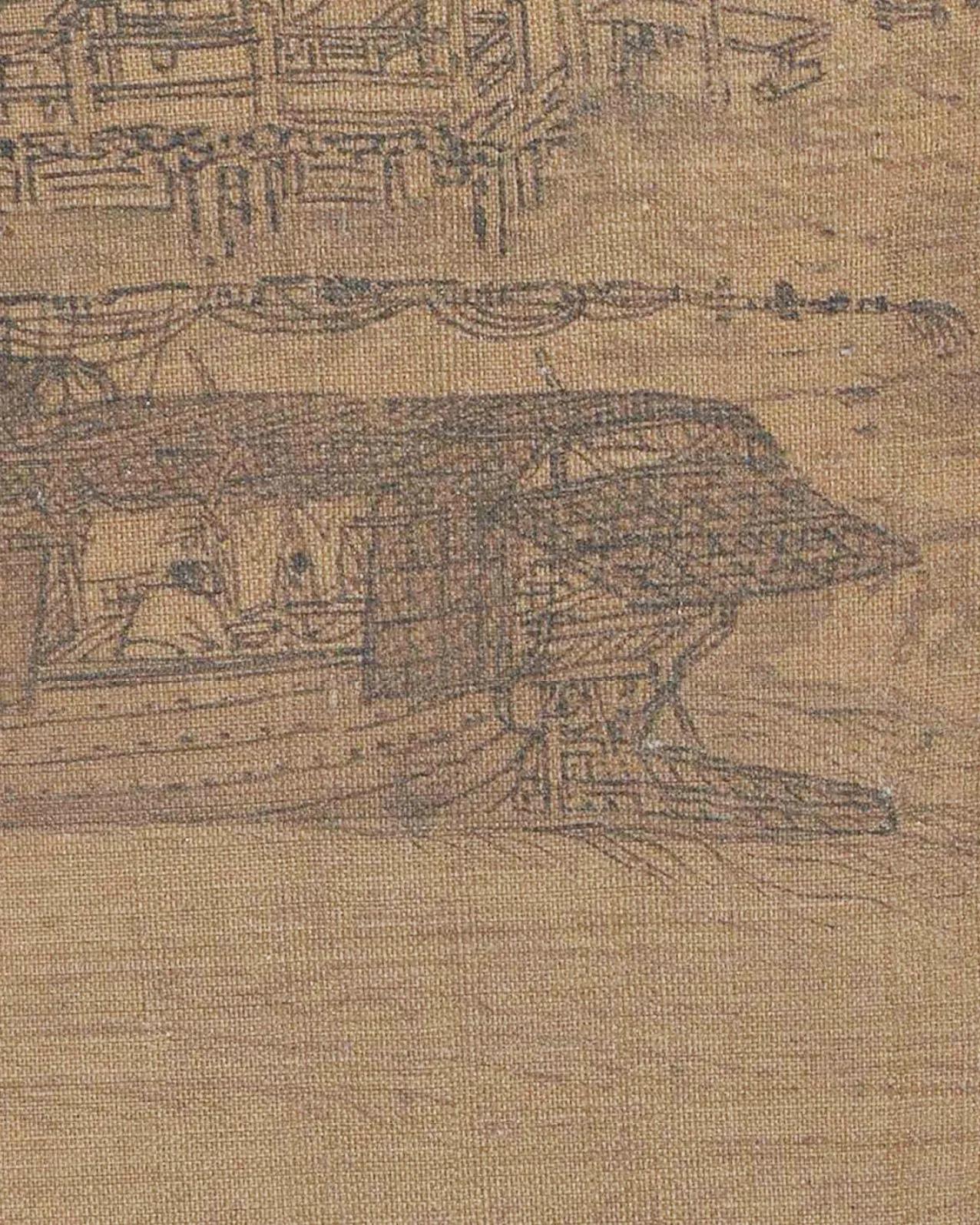 《清明上河图》里漕船的舵舱样式丰富不一：部分船只以竹篾搭建人字形骨架，三面围挡篾