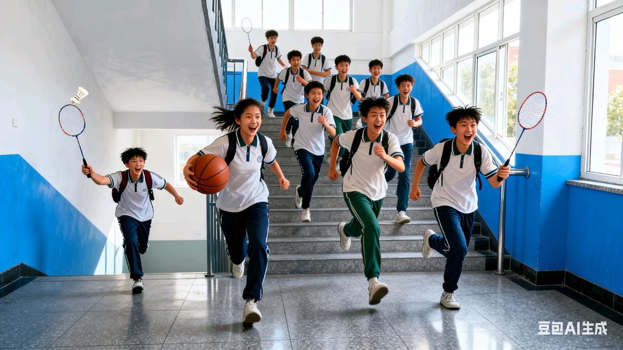 上午第三节数学课结束，从楼梯往办公室走。突然从5楼，4楼窜出一群学生，电光火石般