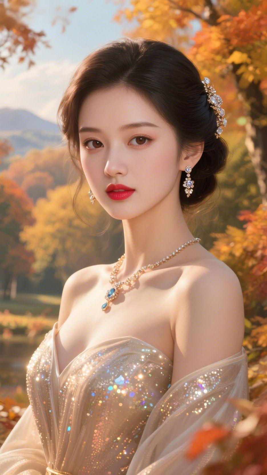 金裙伴秋林盛景
 
秋日的枫林铺展成橘红的锦缎，层叠的枝叶筛下鎏金的日光，远山在