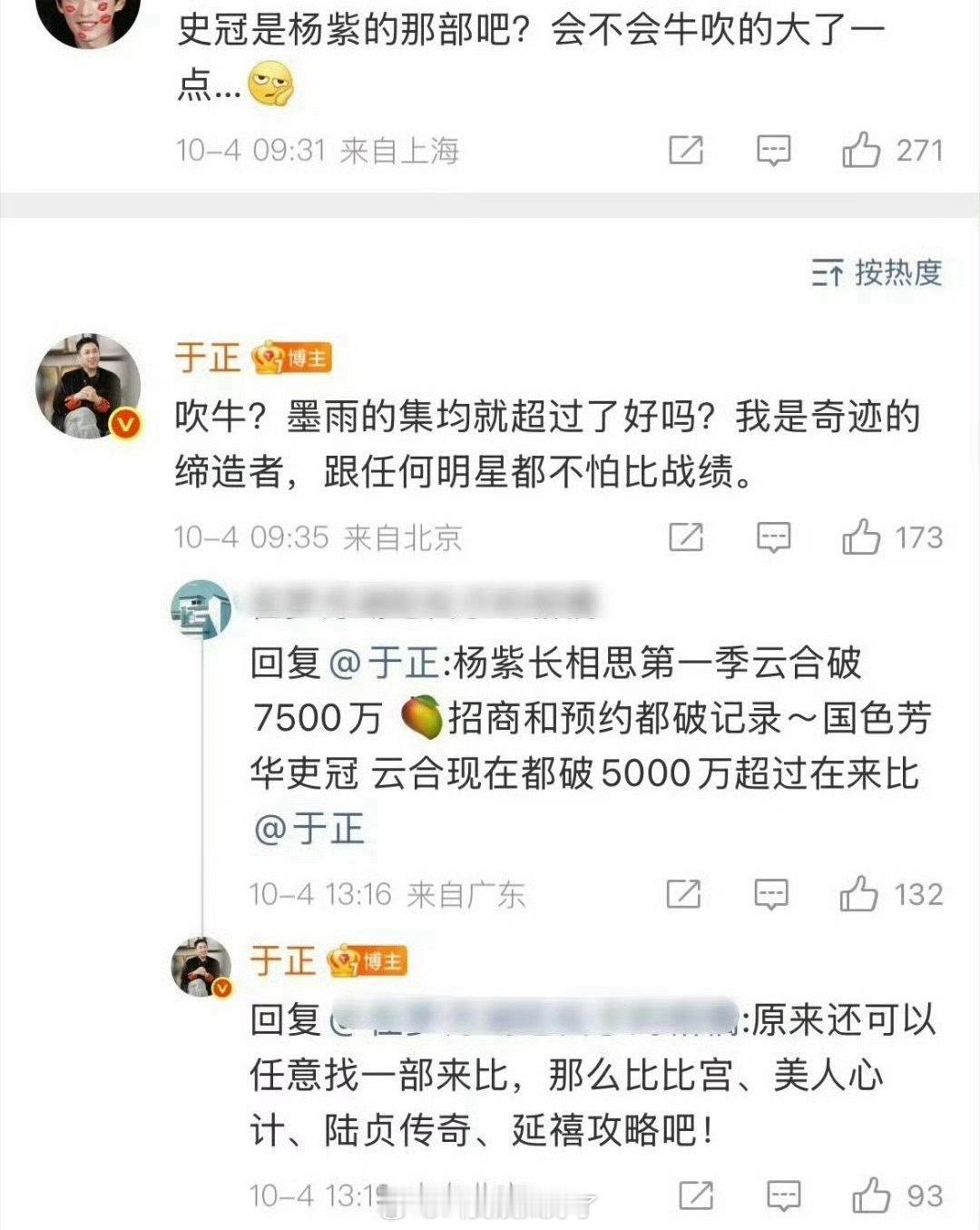 于正又开始了，说《墨雨云间》的集均超过了《长相思》 ​​​