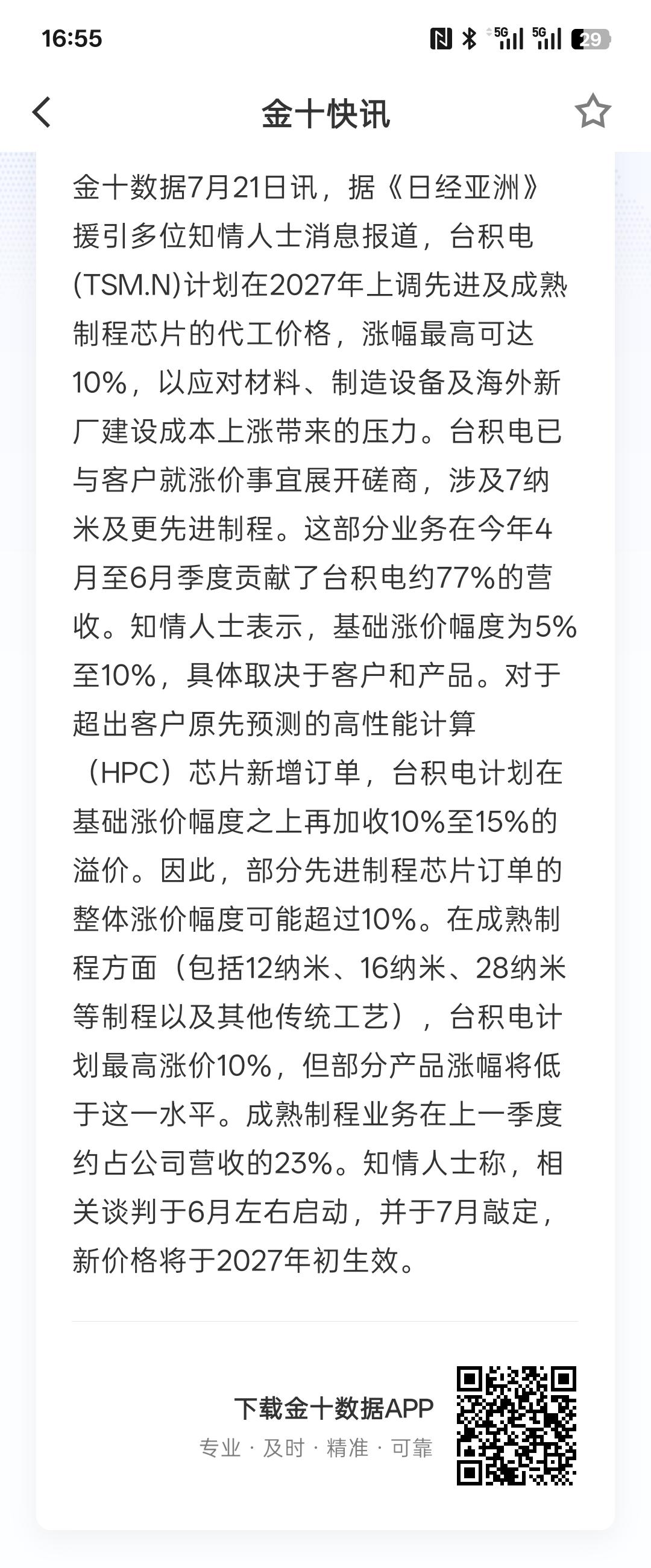 台积电据悉将于2027年起上调晶圆代工价格 涨幅最高10%，芯片代工利润增长，市
