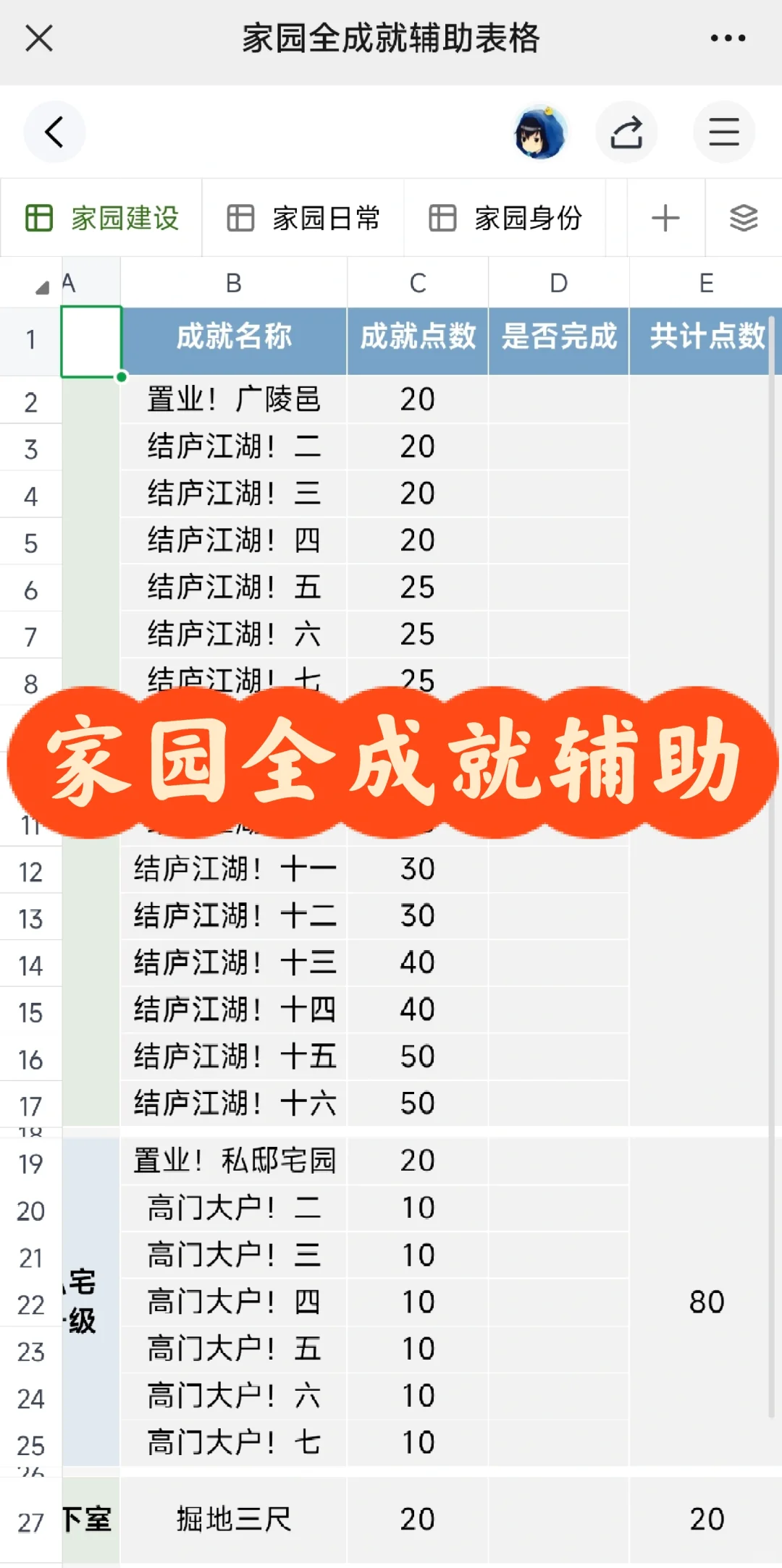 更新，家园全成就辅助表格