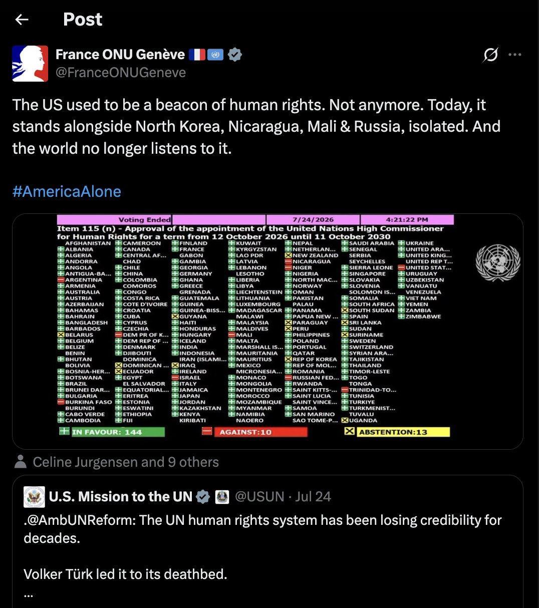 海外新鲜事 美国反对蒂尔克连任联合国人权高专，法国斥其在人权问题上陷入孤立联合国