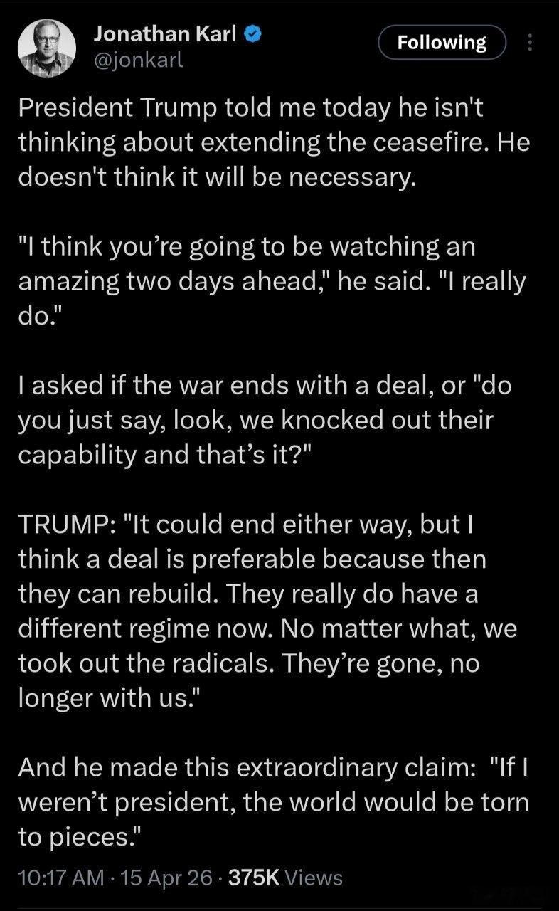 喬納森·卡爾：「川普總統今天告訴我，他沒有考慮延長停火協議。他認為沒有必要。『我