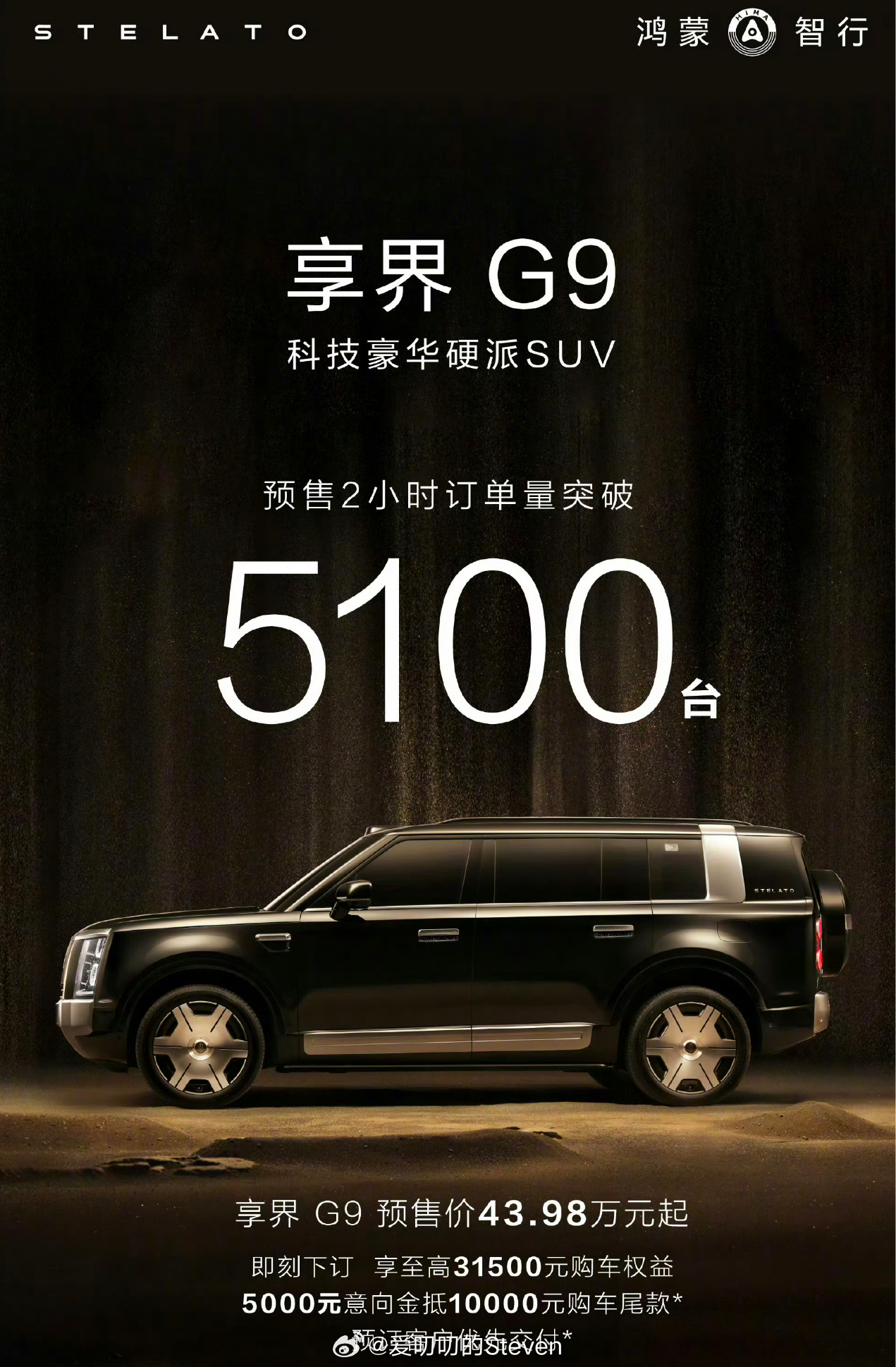 享界G9预售两小时订单5100台。门店展车陆续进店，大家可以去体验一下华为的硬派