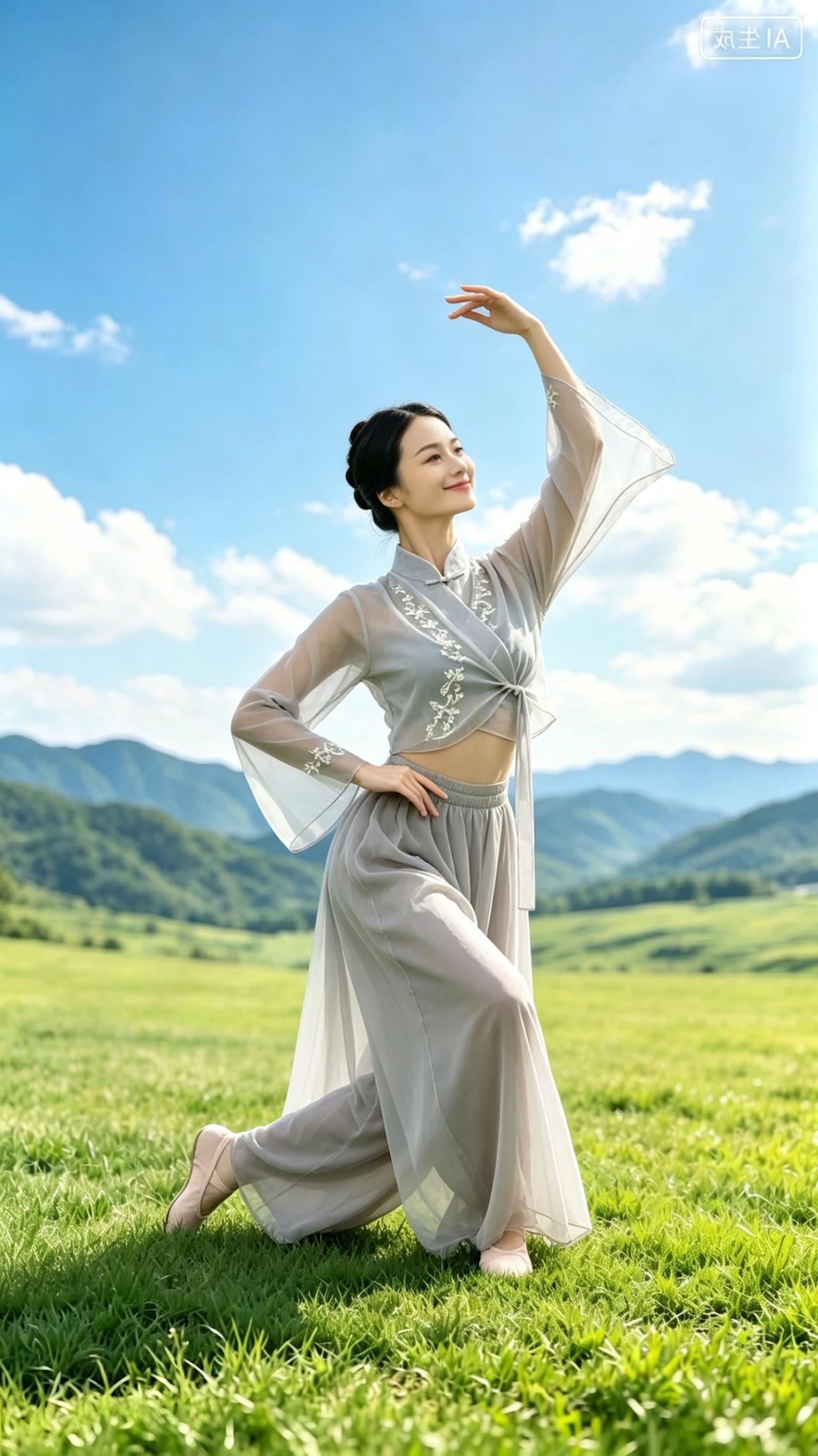 朝舞
远山凝翠，流云轻渡，晴光漫染芳草。束发纱衫，静落茵草，一曲《映山红》，暗寄