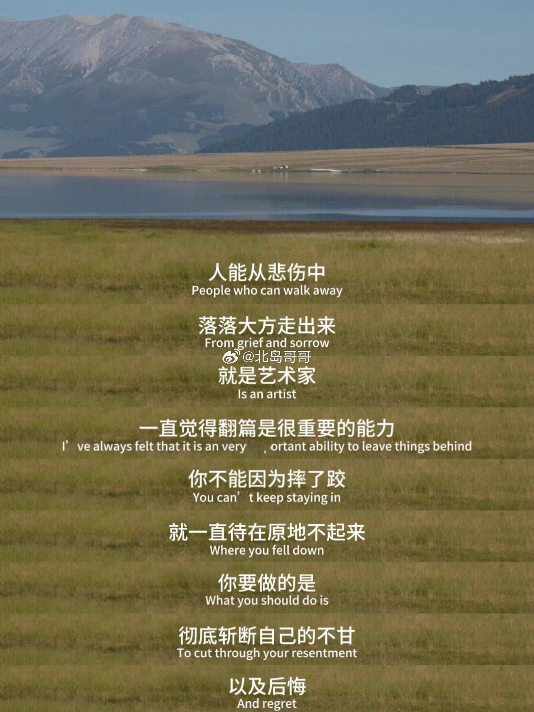 最近很喜欢的一段话。人能从悲伤中落落大方走出来就是艺术家一直觉得翻篇是很重要的能