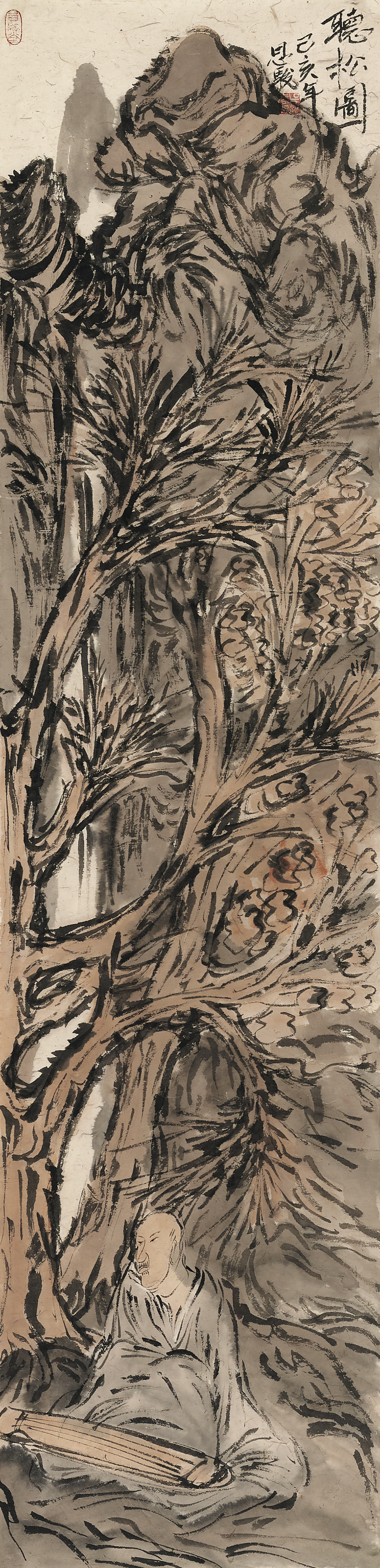 《听松图·时光慢煮》苍松皴擦出的纹理，是时光刻下的年轮；老僧低眉的姿态，是岁月沉