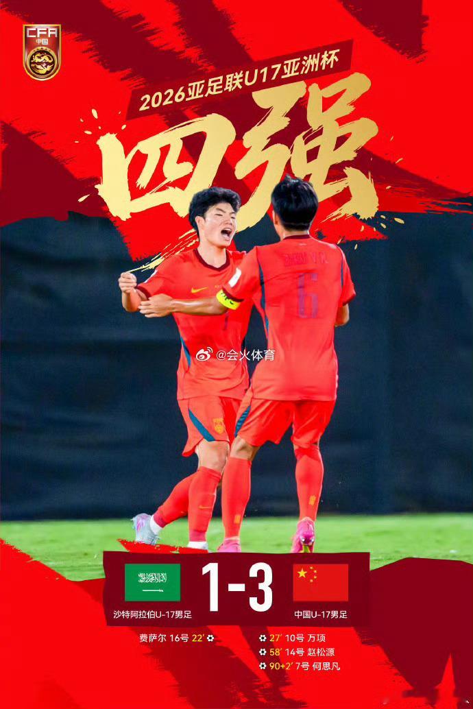 2026年5月16日凌晨，U17亚洲杯1/4决赛打响，中国U17男足在先失一球的