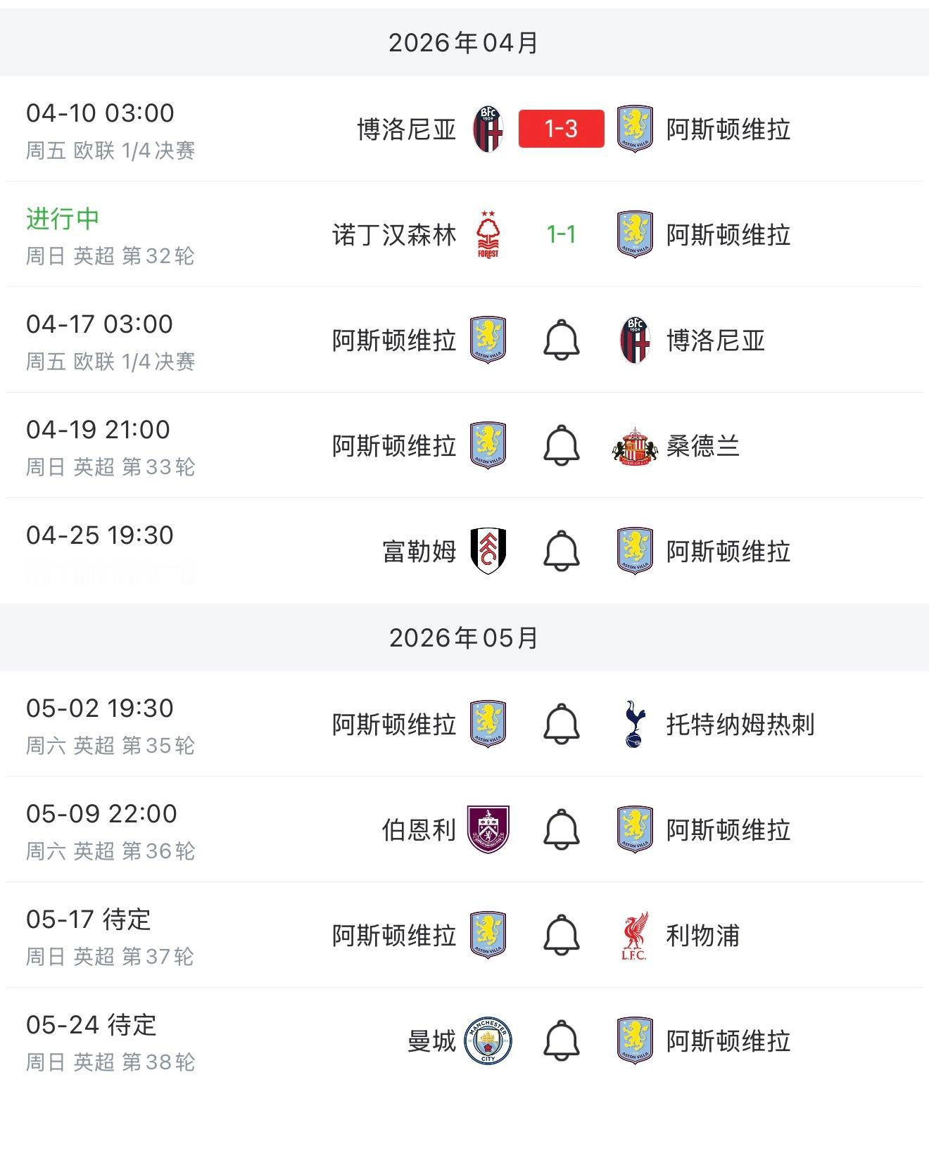 维拉拿了一分随后赛程 