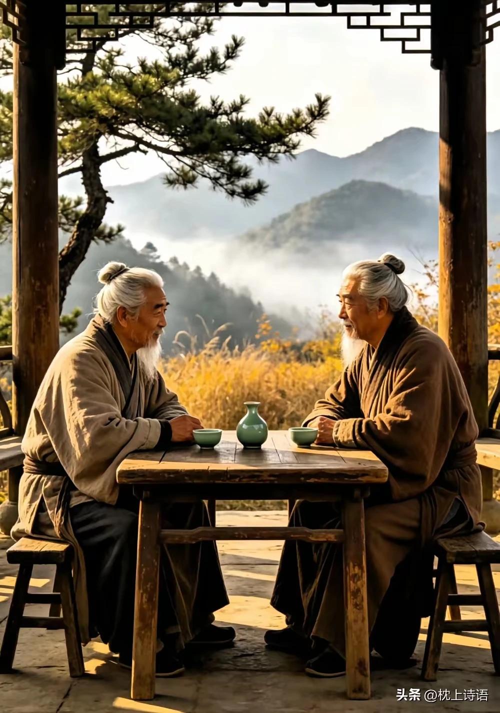 相逢老友鬓凝霜，
回望流年泪两行。
欲叹光阴东逝水，
得失荣辱随风扬。