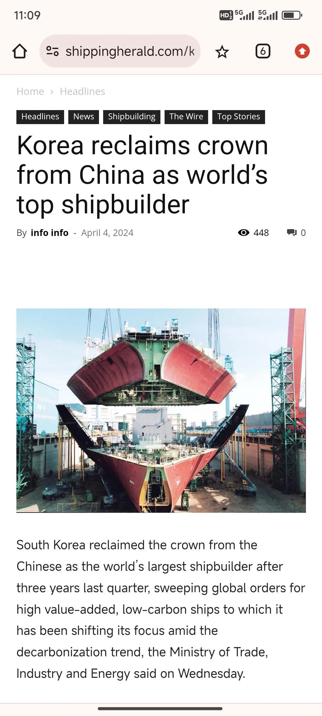 根据航运网站 ShippingHerald 韩国凭借低碳船舶订单的强劲增长，在今