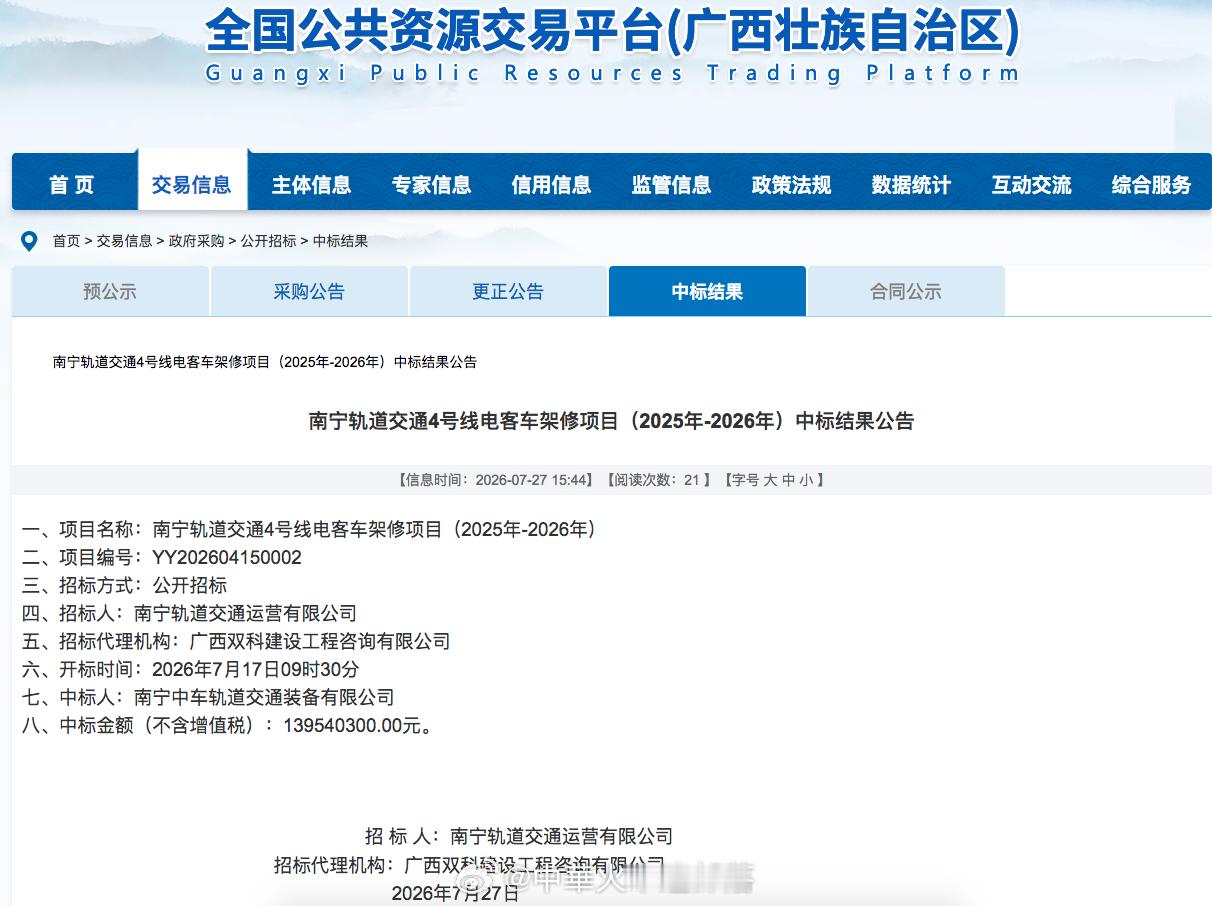国铁播报【中标金额1.39亿 25列地铁电客车架修项目中标结果公布】7月27日，