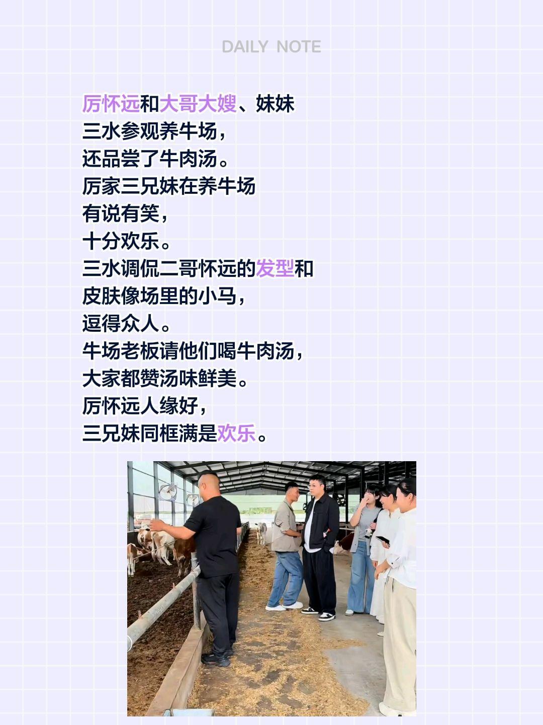 厉怀远和大哥大嫂、妹妹三水参观养牛场，还品尝了牛肉汤。厉家三兄妹在养牛场有说有笑