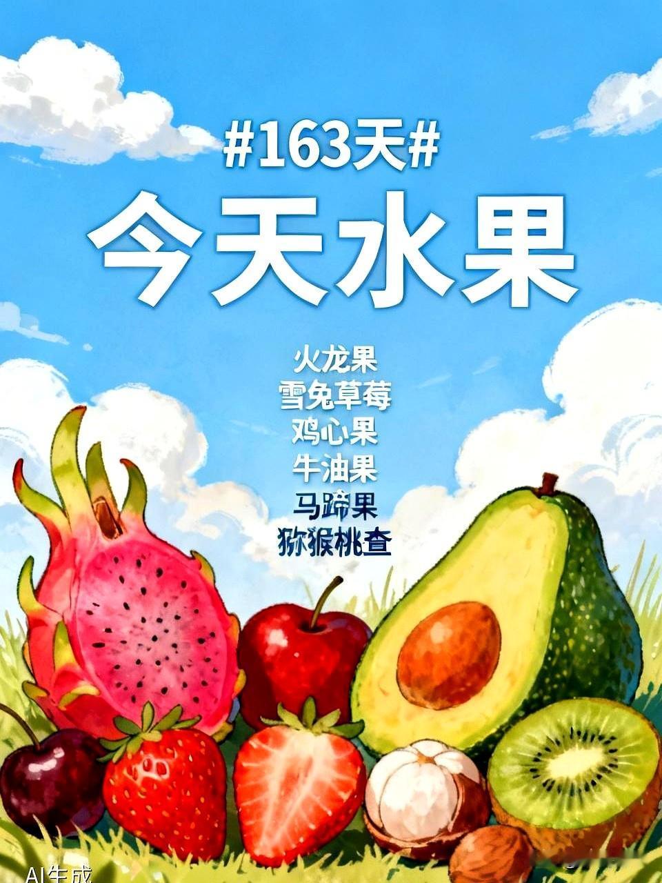 饭后那一刻，钟声慢下来，盘子里红绿对视。
第163天，今天的六样照旧：火龙果、雪