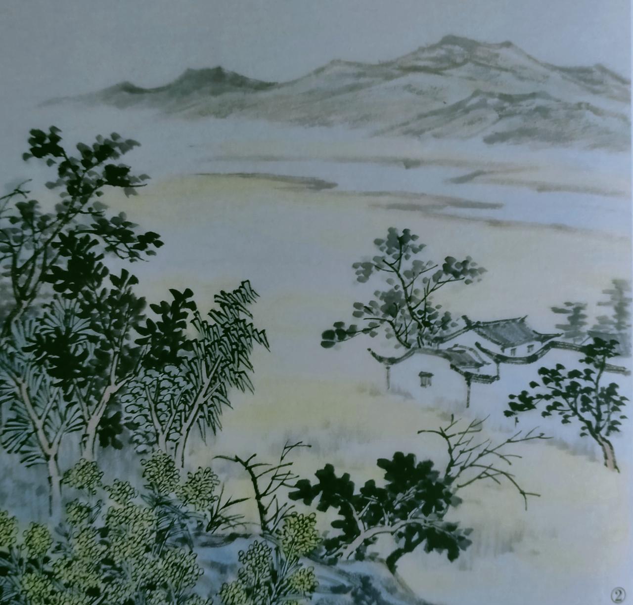 《江南春早》画法
步骤一:蘸赭石勾勒山石轮廓和纹理、染树干和屋宇，干用白云笔蘸淡