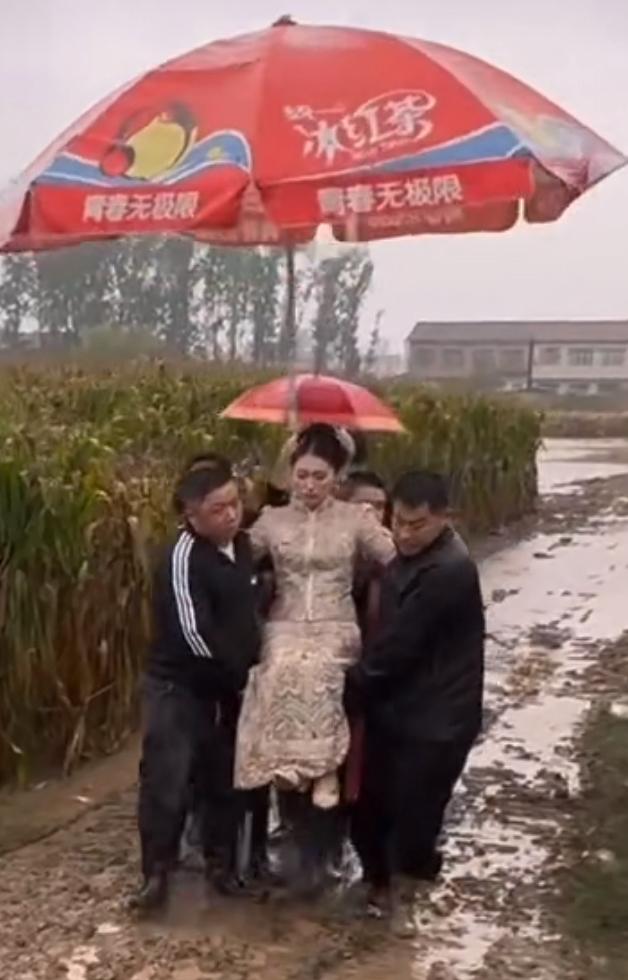 河南结个婚太难了，连日阴雨，道路泥泞，新娘不得不被娘家人抬上婚车。最近一个多月，
