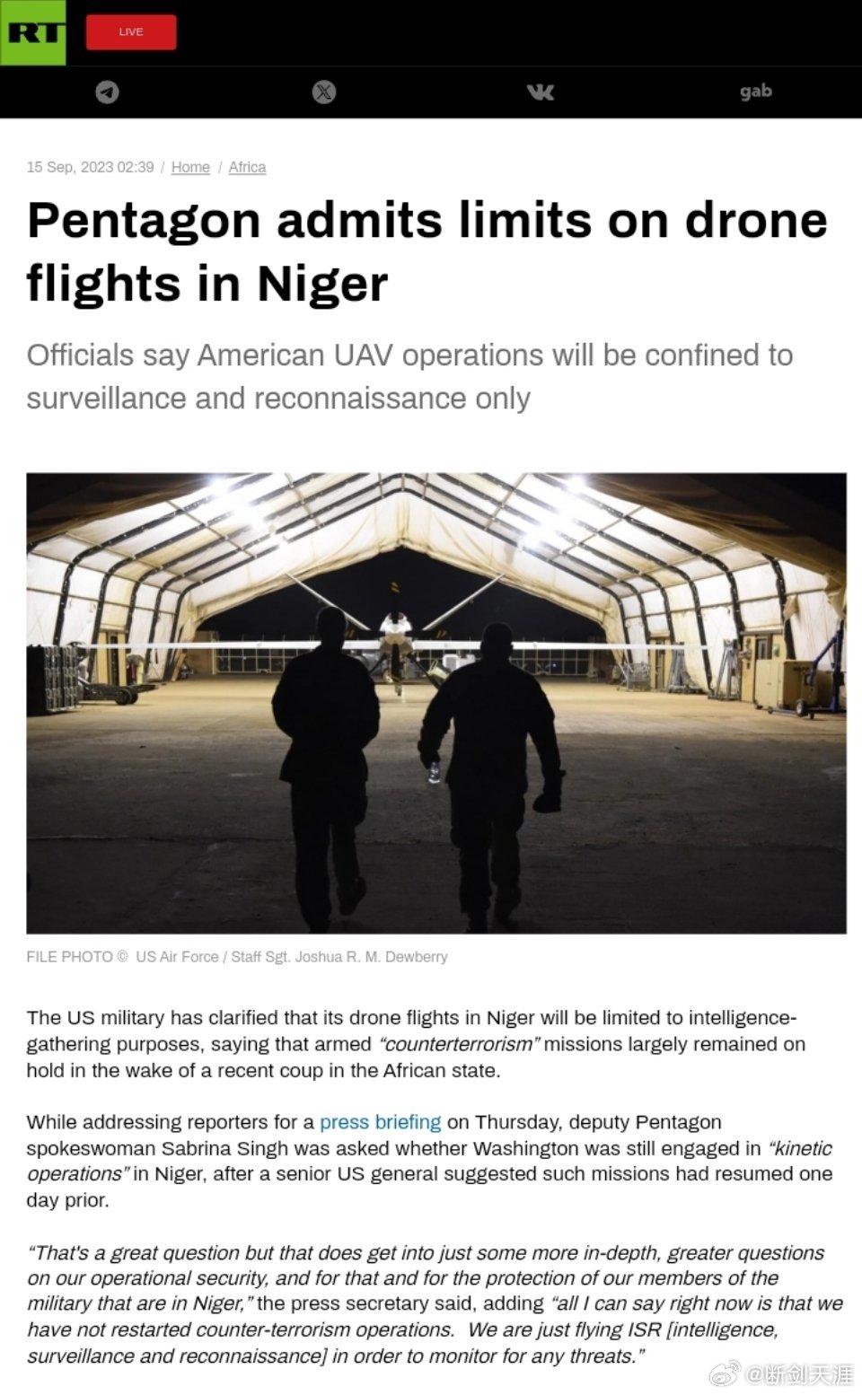 五角大楼承认在尼日尔限制无人机飞行美国军方已澄清，其在尼日尔的无人机飞行将仅限于