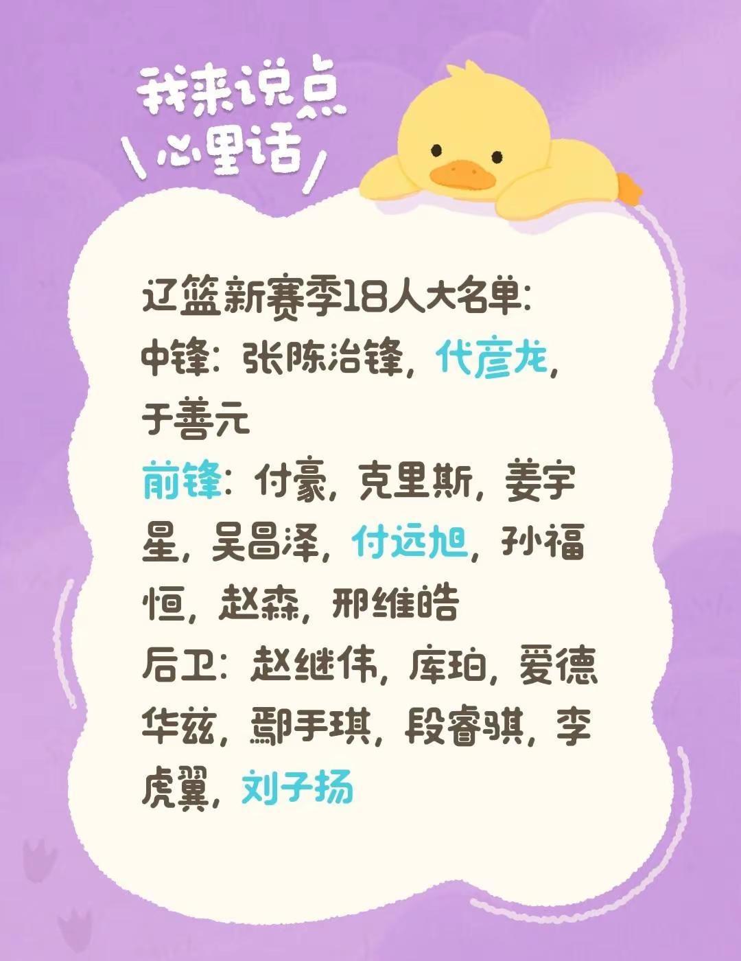 辽篮新赛季18人大名单：中锋：张陈治锋，代彦龙，于善元前锋：付豪，克里斯，姜宇星