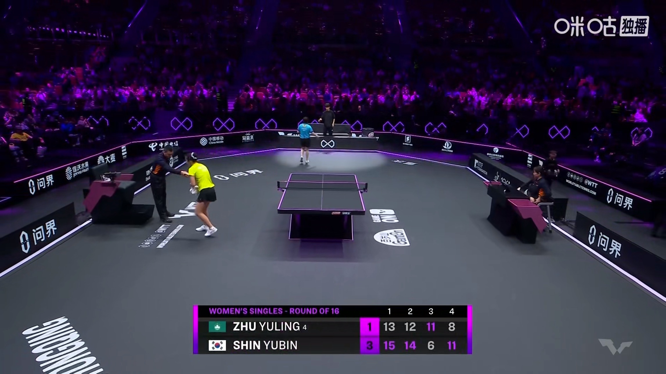 申裕斌3比1朱雨玲(15-13，14-12，6-11，11-8)晋级wtt重庆冠