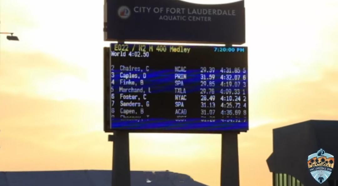 劳德代尔堡公开赛 男400混决赛法国弟 4:09.33Carson 4:10.2