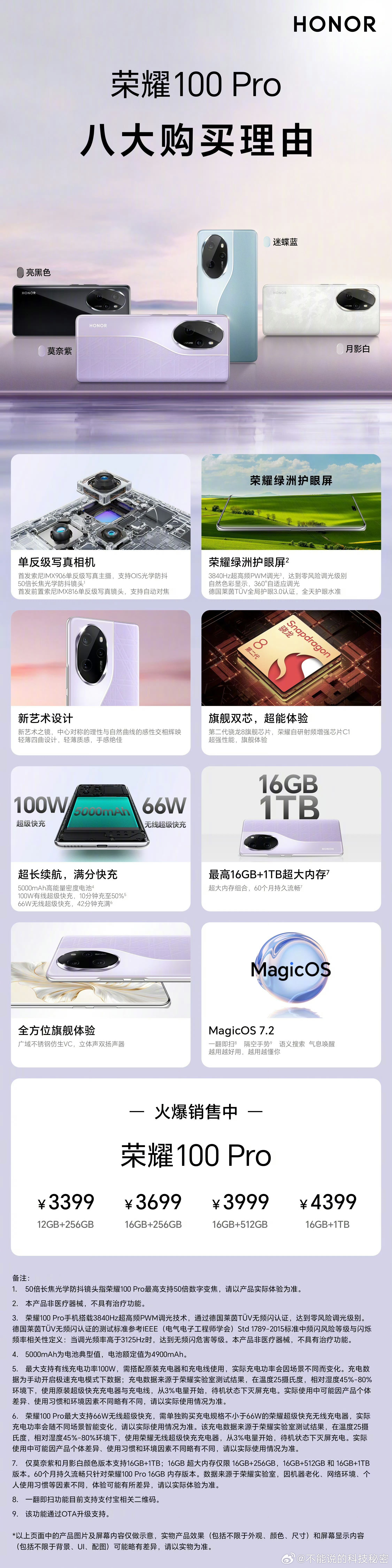 八大理由告诉你，为什么要选择#荣耀100#系列。满分人像，满分设计；满分护眼，满
