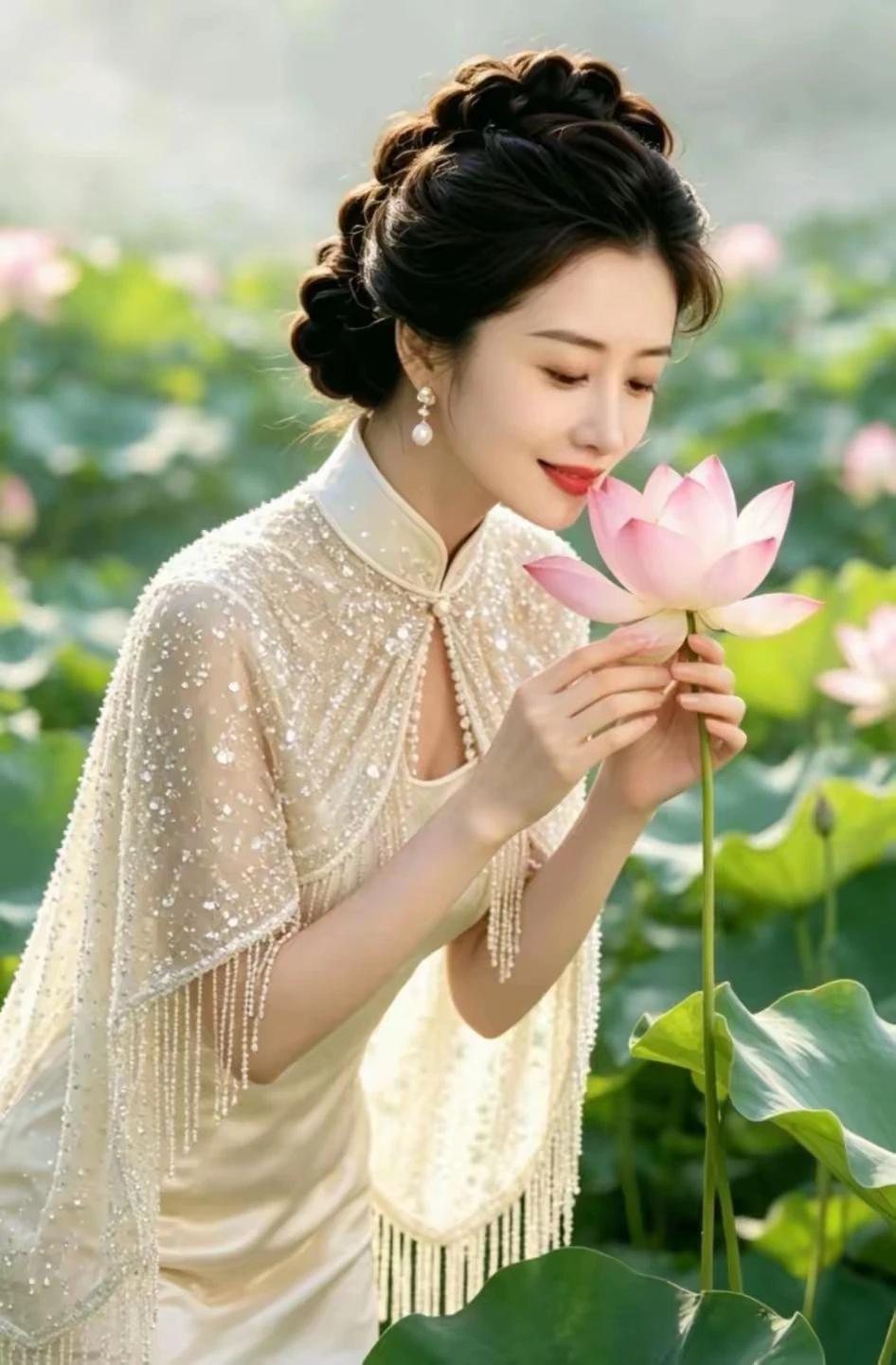 佳丽闲逛荷花塘，
缕缕芳香润心房。
出自淤泥而不染，
留得清白在人间。
