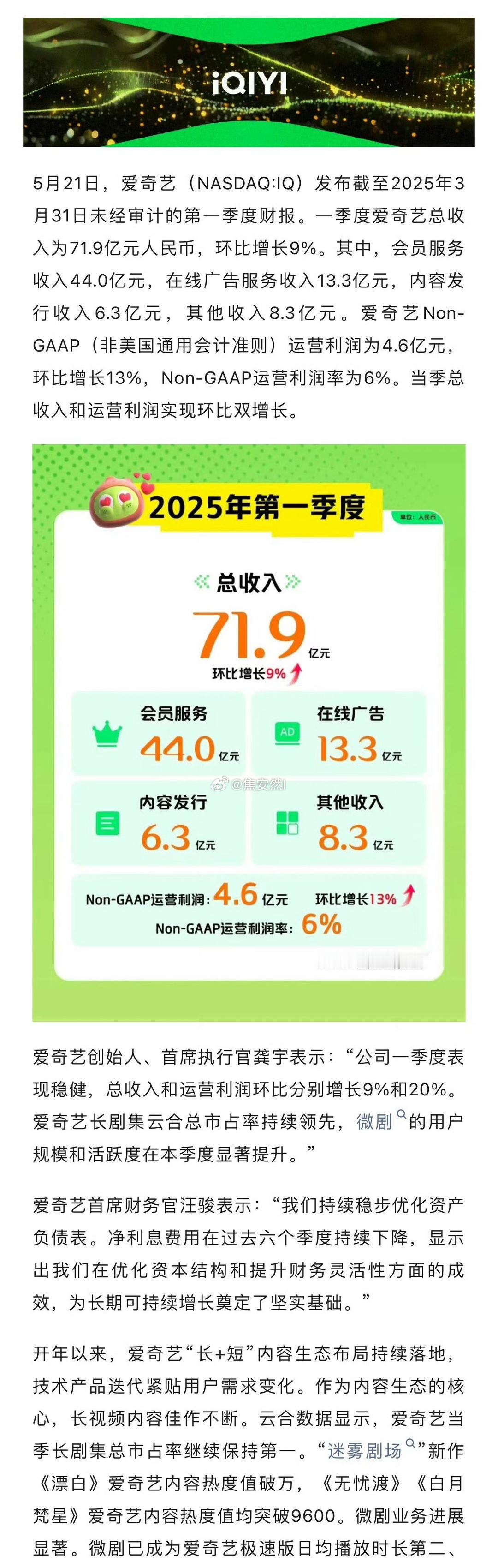 🥝的Q1财报下滑太多撑不起场面，把Q2播的无忧渡拉出来撑场子了[喵喵] ​​​