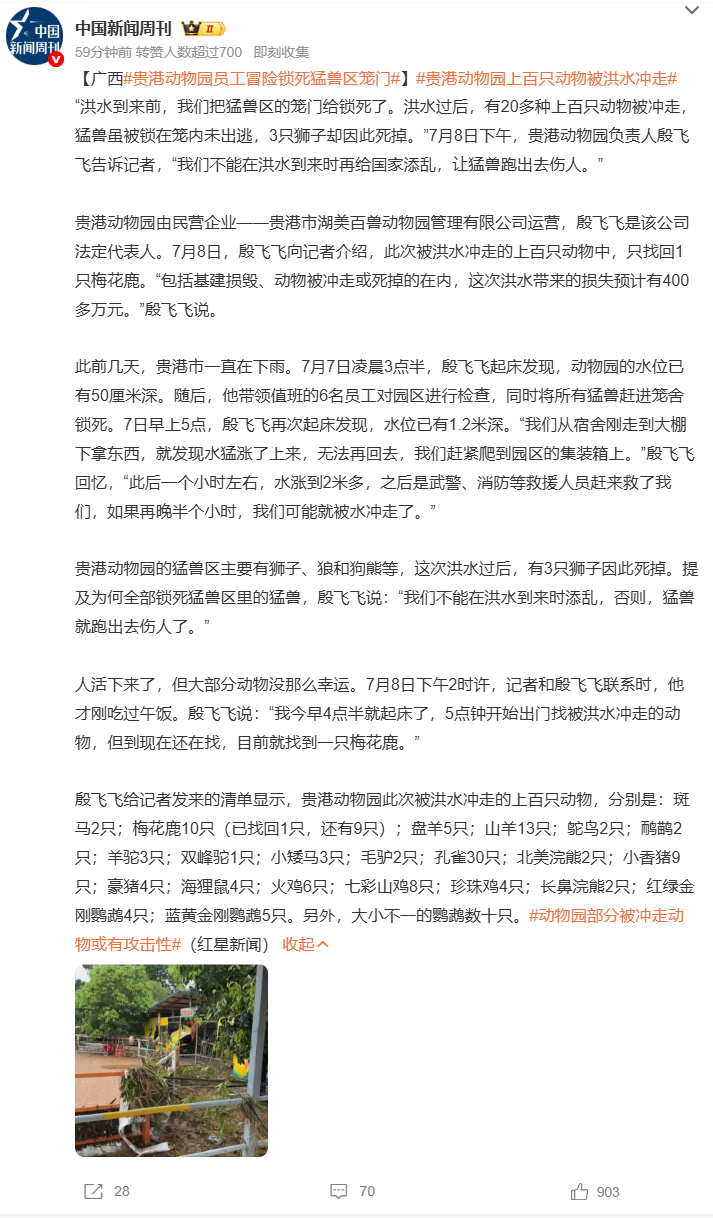 贵港动物园员工冒险锁死猛兽区笼门贵港动物园上百只动物被洪水冲走 广西贵港遭洪水侵