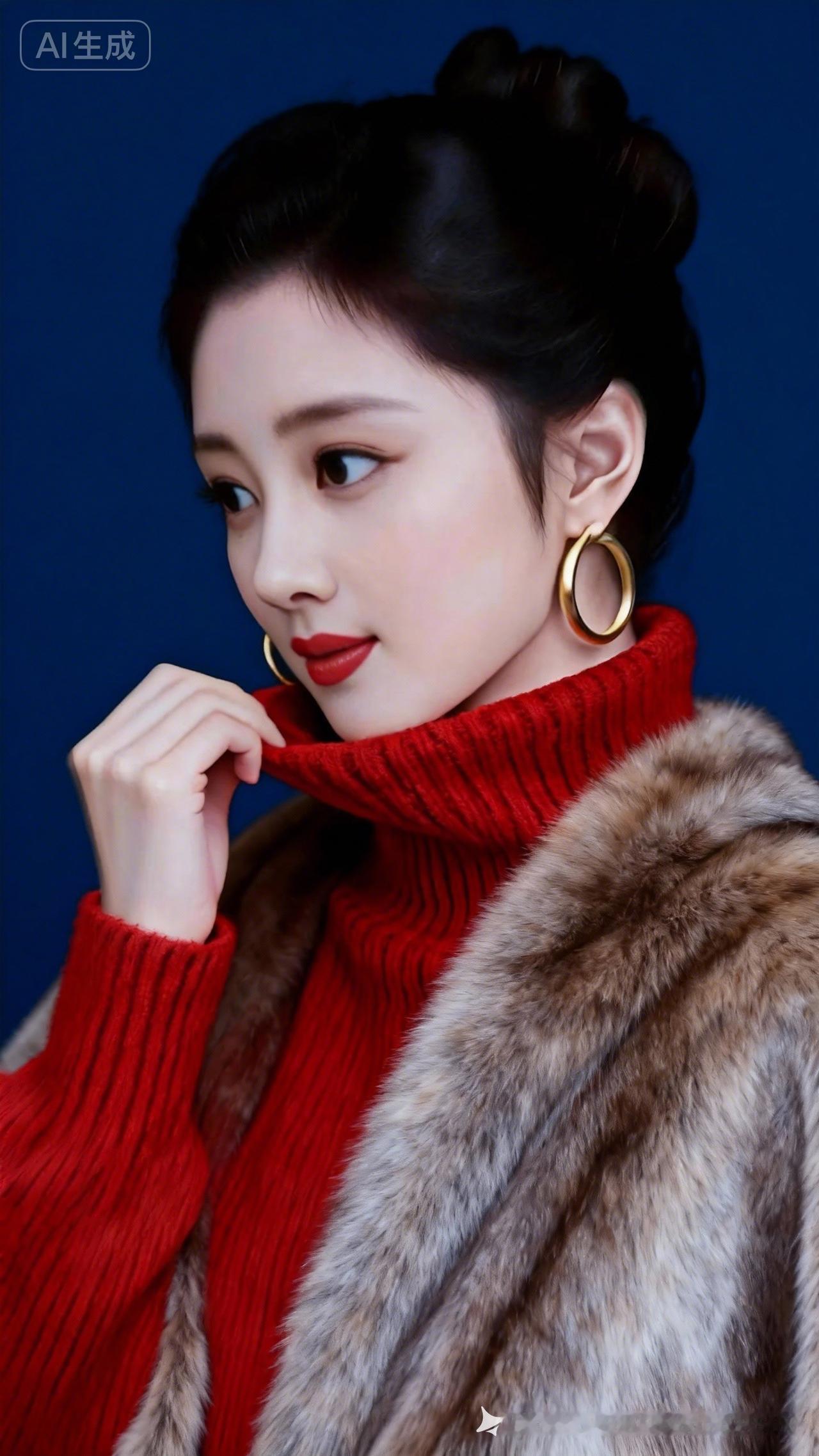 鸭蛋脸美女秀发高挽，着红色松领大毛衣，貂绒大披肩，戴大金耳环，手持毛领，冷俊面容