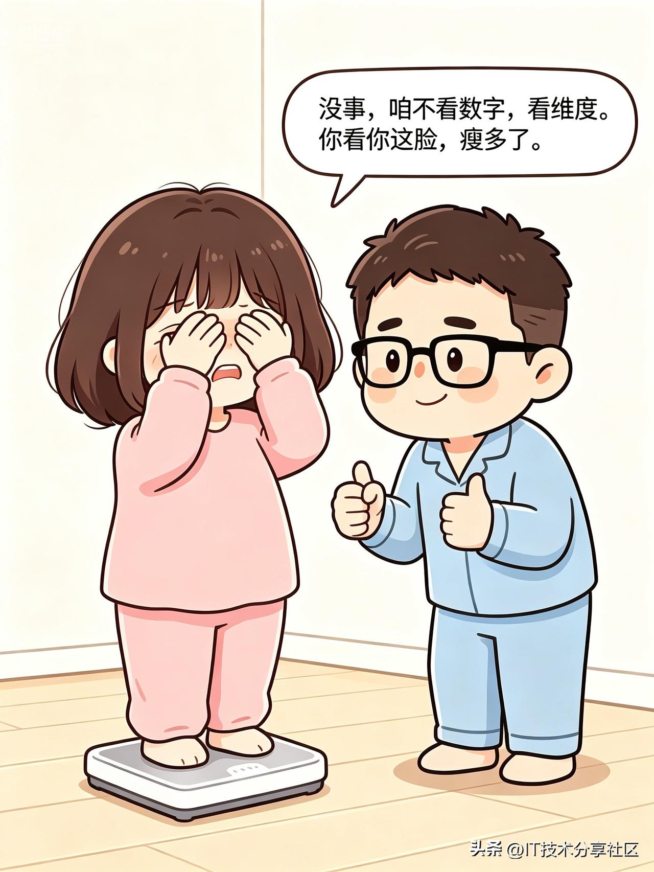 老婆站在体重秤上，捂着眼睛不敢看数字。

老公在旁边打气：“没事，咱不看数字，看