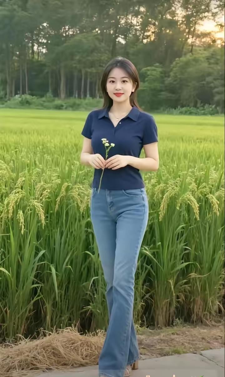 《喜见秋美景》
村姑手持野菊花，
伫立田园观庄稼。
清纯靓丽嫣然笑，
乐见稻丰惠