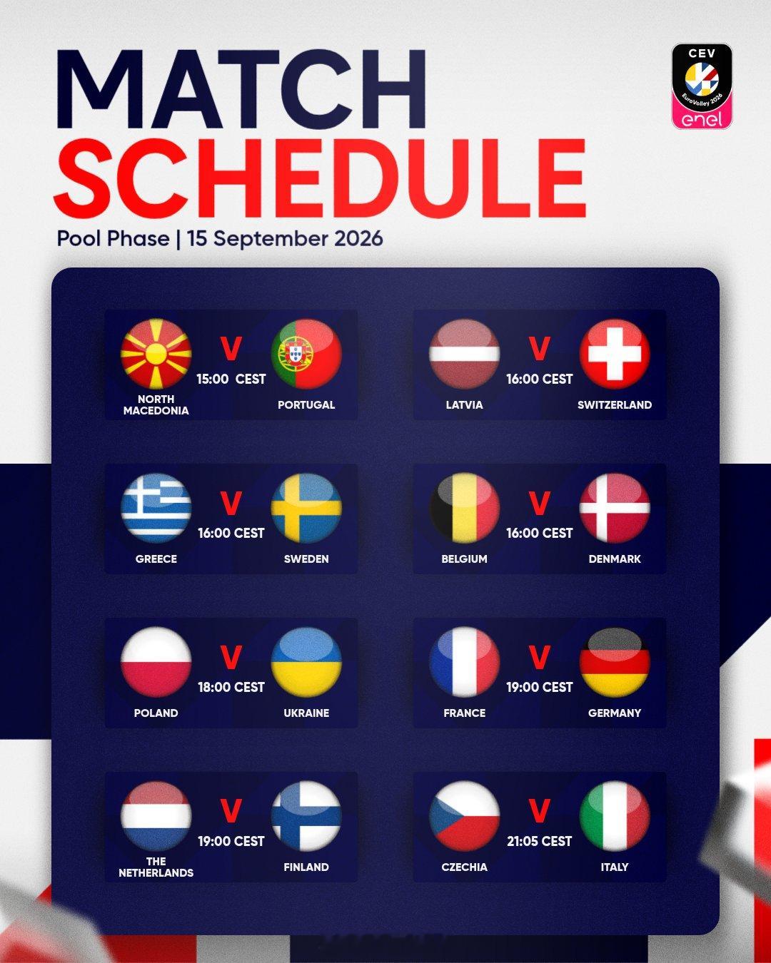 2026男排欧锦赛 今天小组赛的竞赛日程（北京时间）：9月15日（二）21:00
