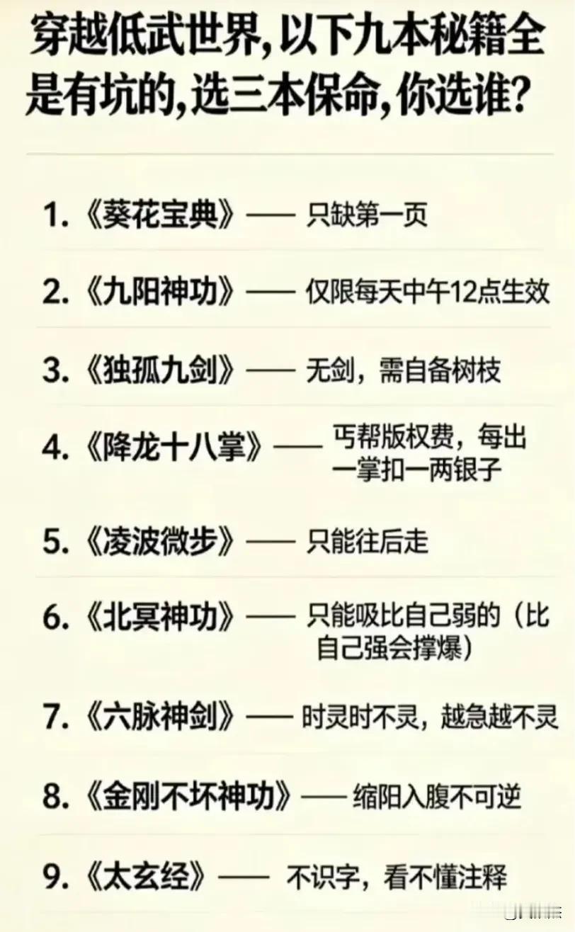 假如穿越低武世界，以下九本秘籍全是有坑的，选三本保命，你选哪三个武功？
1.《葵