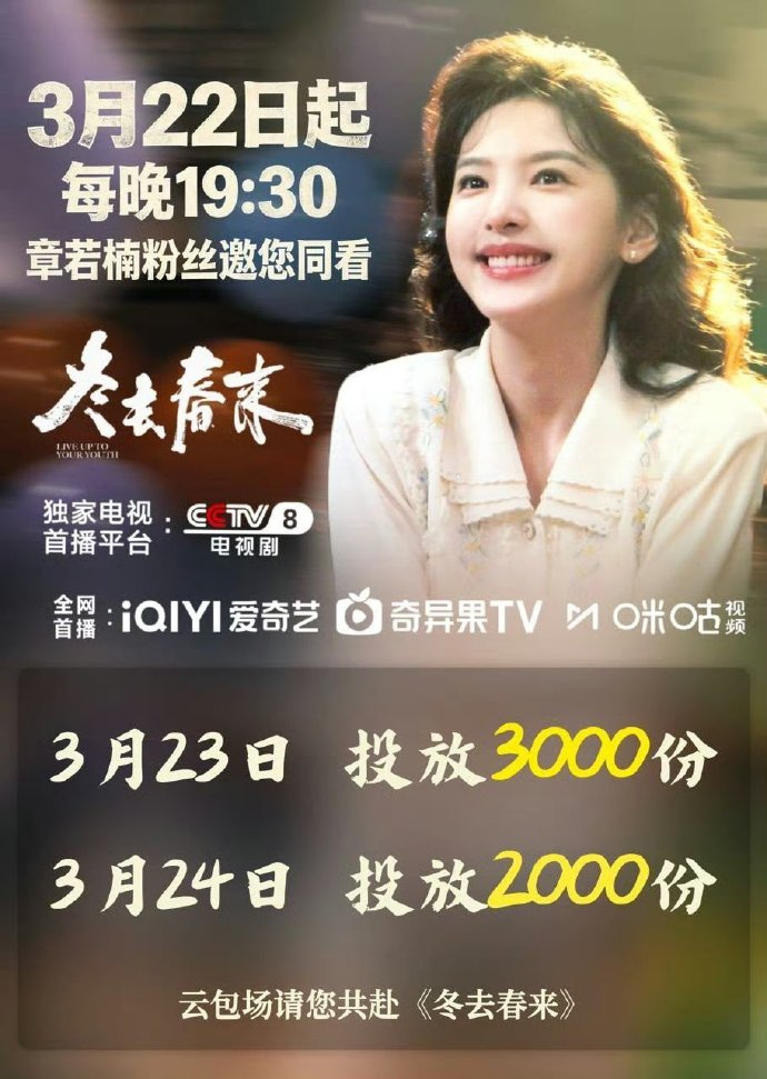 《冬去春来》今日开播，章若楠粉丝本次共计包场5000场 今晚和庄庄不见不散