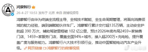 鸿蒙智行交付突破 135 万辆 鸿蒙智行全系累计交付超 135 万辆，今年 Q1