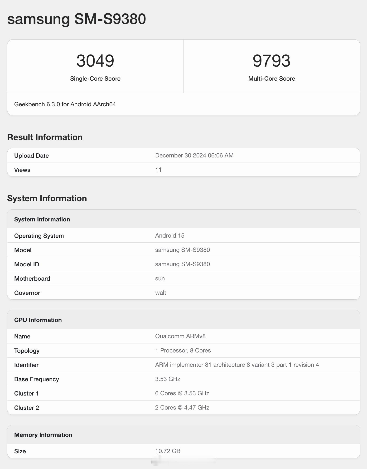 国行版三星 Galaxy S25 Ultra Geekbench 6 跑分出炉，
