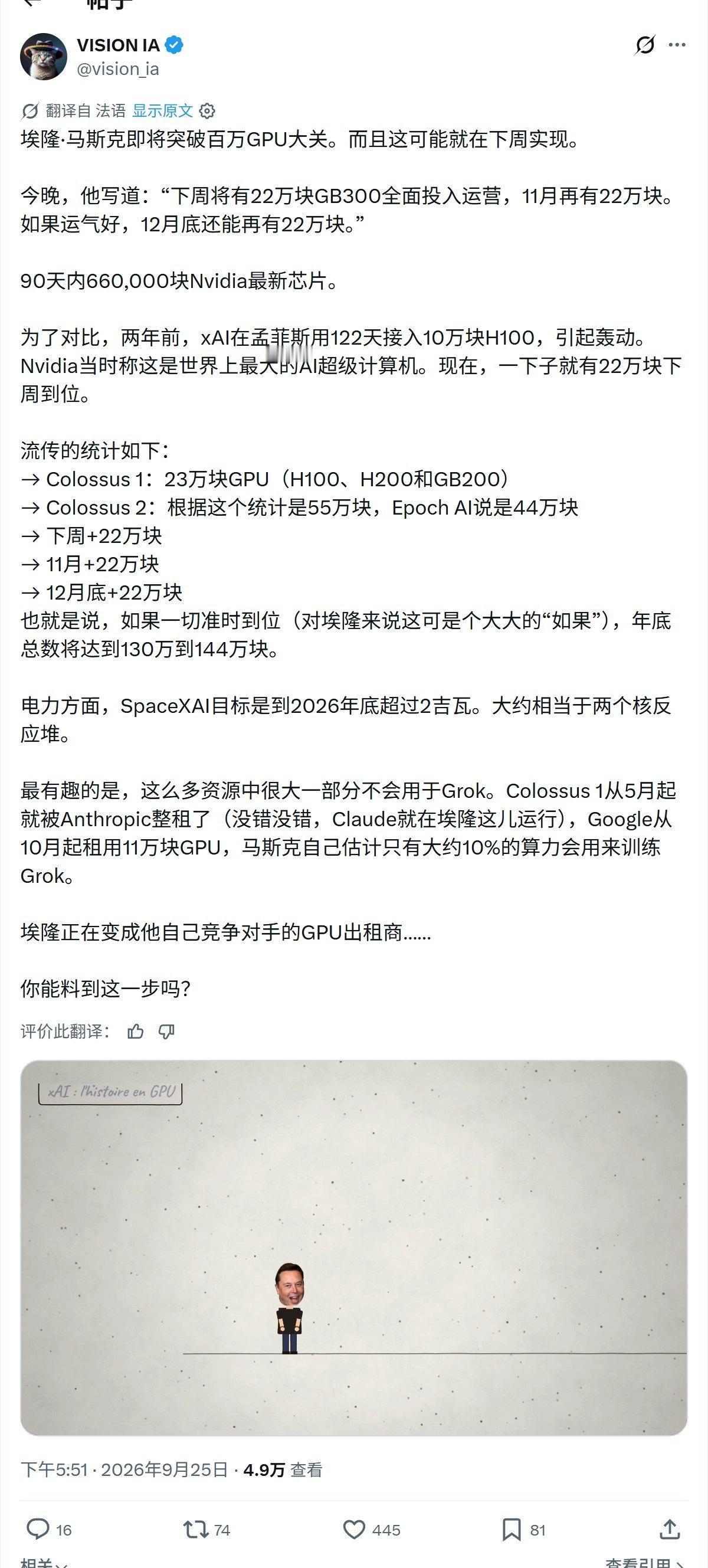 埃隆·马斯克即将突破百万GPU大关。而且这可能就在下周实现。

今晚，他写道：“