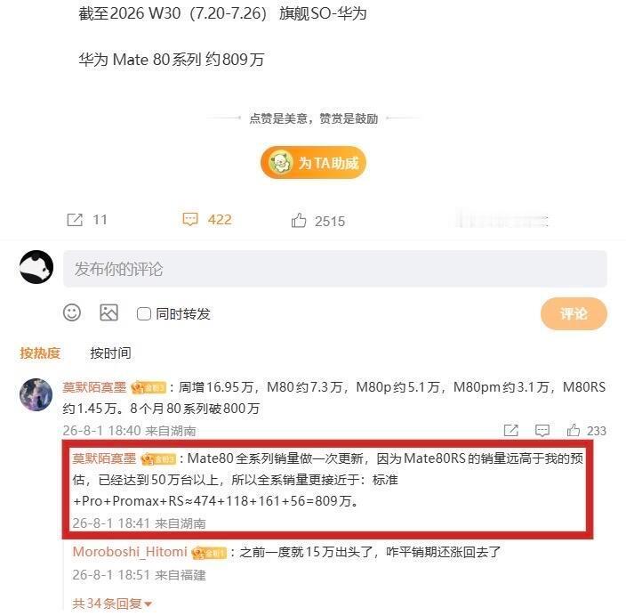 华为 Mate 80 系列手机销量成功突破 800 万距离千万里程碑更近一步，曝