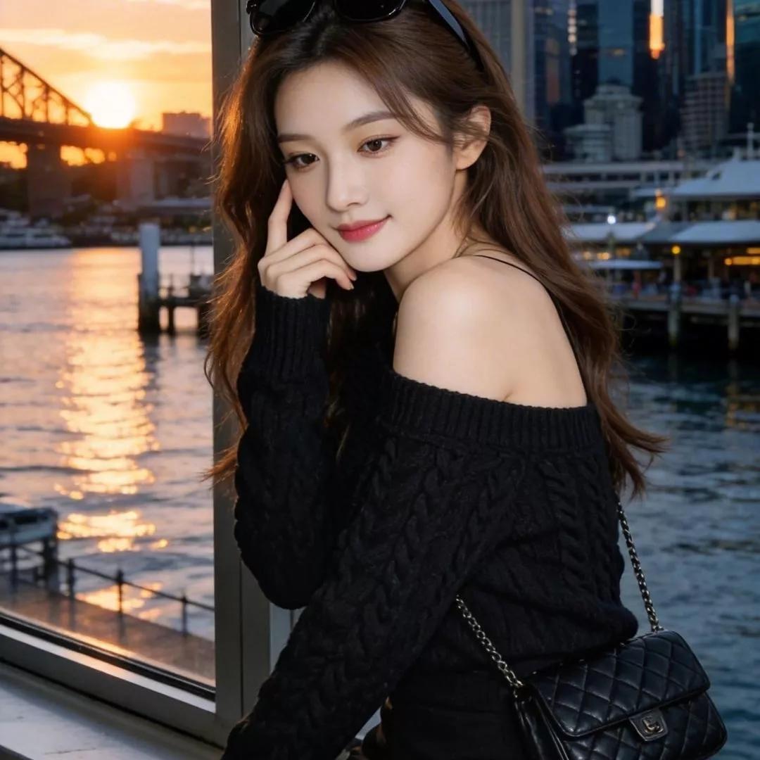 黄昏城市天际线，静谧港湾边，优雅少女倚窗思