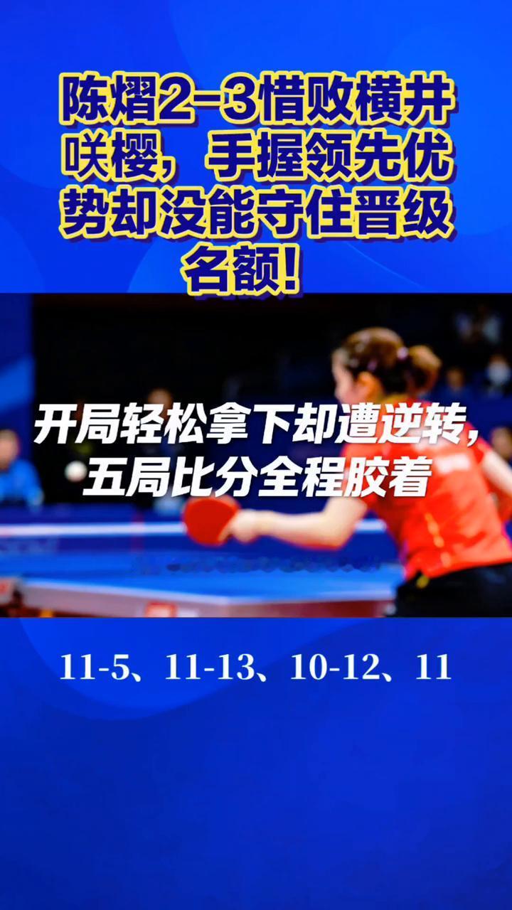 陈熠2-3惜败横井咲樱，手握领先优势却没能守住晋级名额！五局苦战惜败！
太可惜，