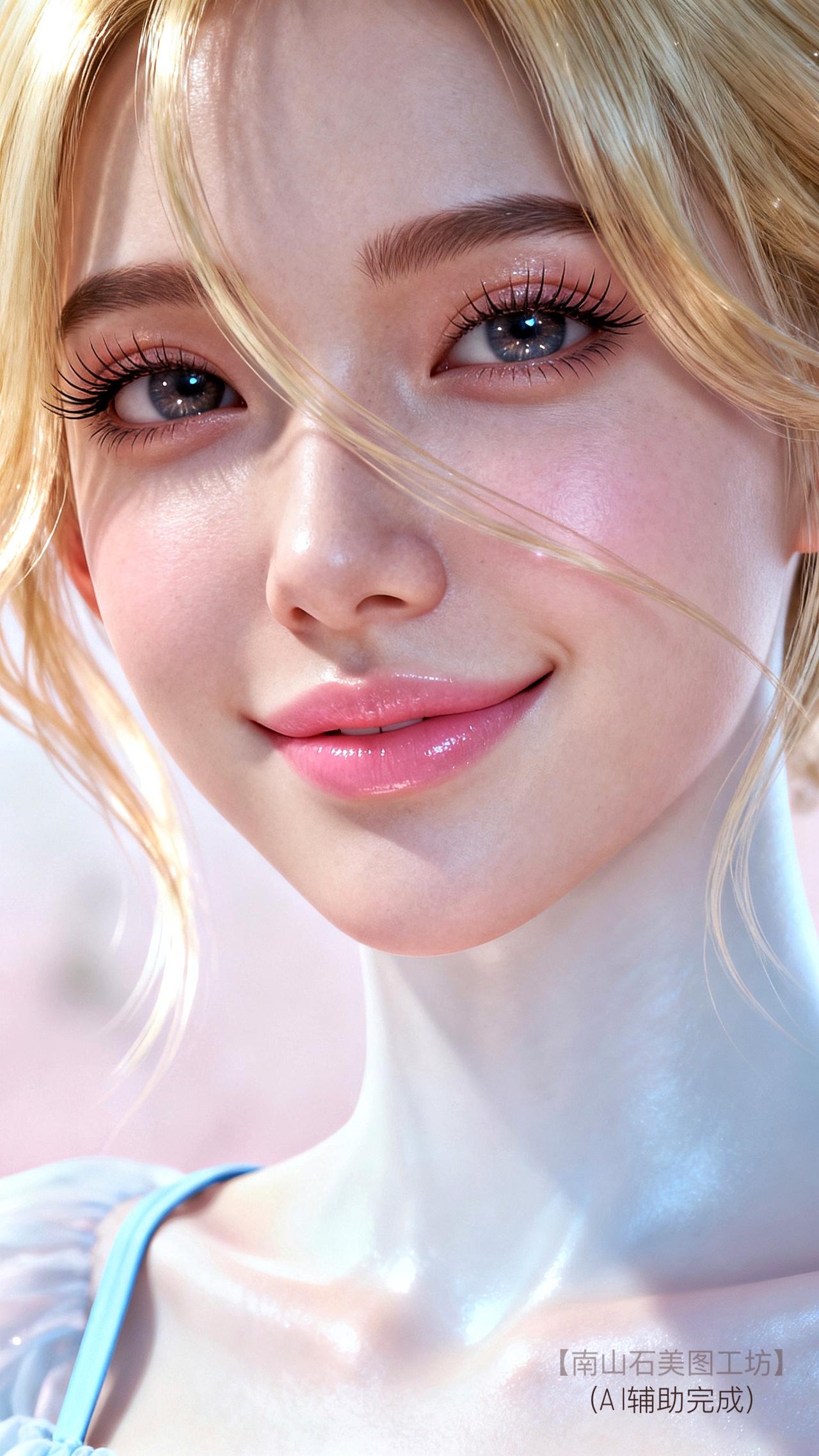 金发淌着鎏金光，眼波漾星海，睫如蝶翼颤。笑意漫过缎面肌，柔光笼住清甜气韵，每寸都